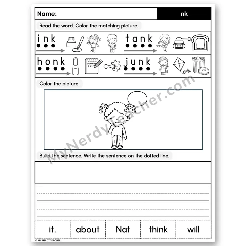 Digraph nk Decodable Sentences — Color, Build & Write