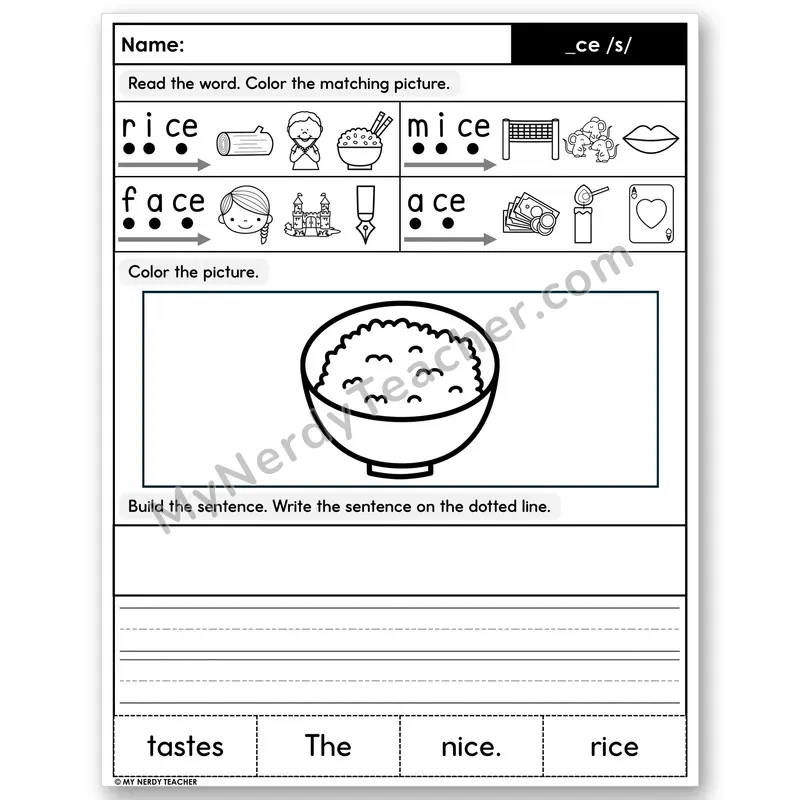 Soft C (_ce) Decodable Sentences — Color, Build & Write