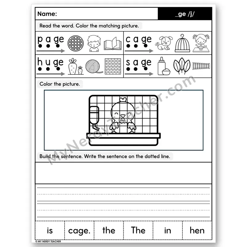 Soft G (_ge) Decodable Sentences — Color, Build & Write