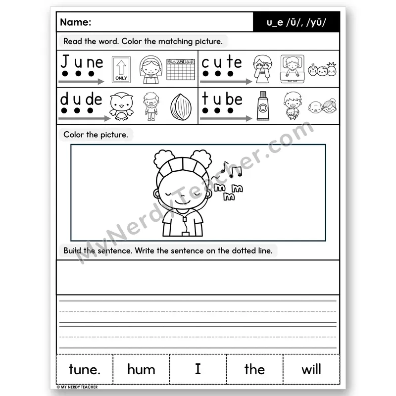 Silent E u_e (Long U) Decodable Sentences — Build & Write