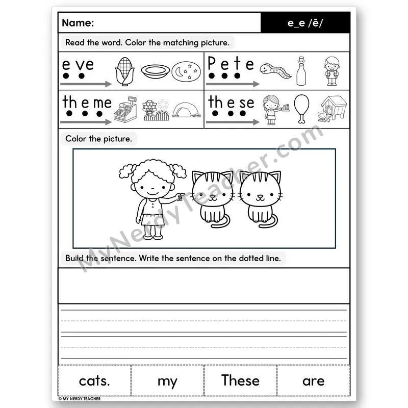 Silent E e_e (Long E) Decodable Sentences — Build & Write