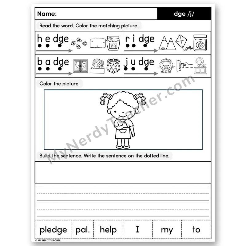 Trigraph dge Decodable Sentences — Color, Build & Write