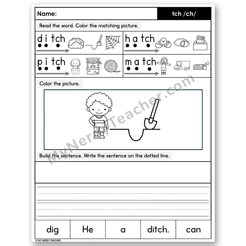 Trigraph tch Decodable Sentences — Color, Build & Write