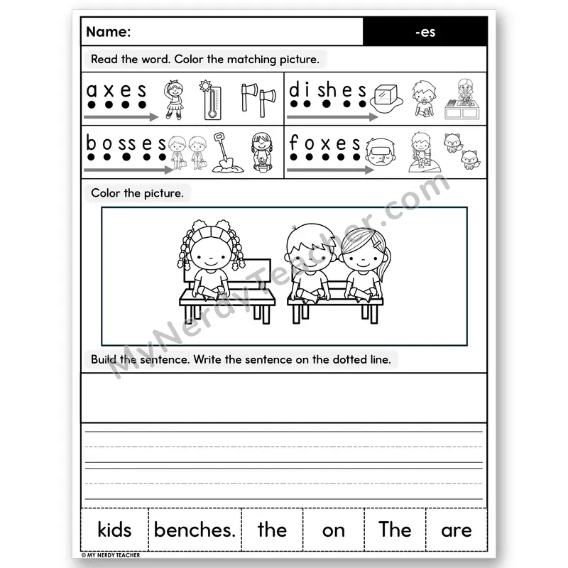 Suffix -es Decodable Sentences — Color, Build & Write