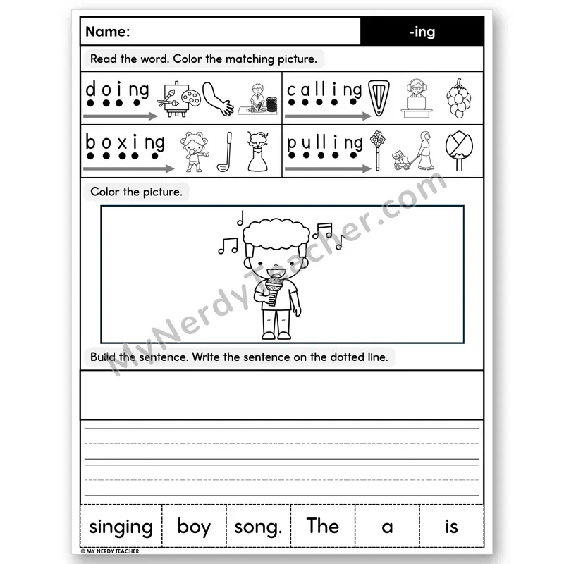 Suffix -ing Decodable Sentences — Color, Build & Write