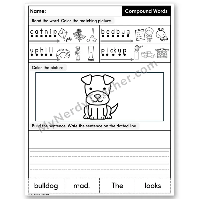 Compound Words Decodable Sentences — Color, Build & Write