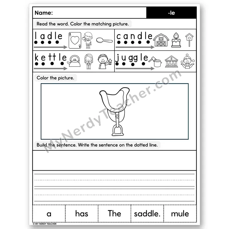 Consonant -le Decodable Sentences — Color, Build & Write