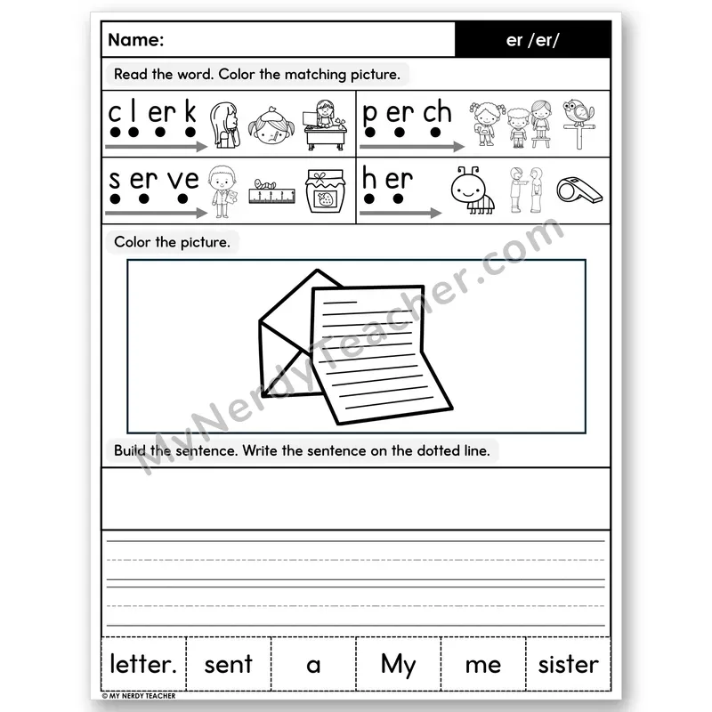 R-Controlled er Decodable Sentences — Color, Build & Write