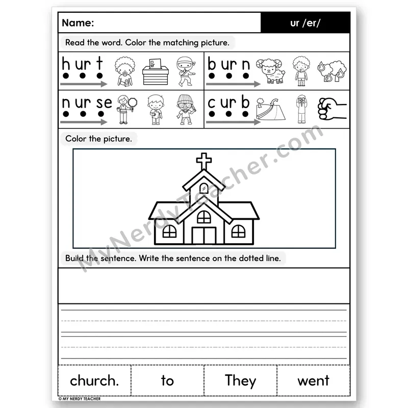 R-Controlled ur Decodable Sentences — Color, Build & Write
