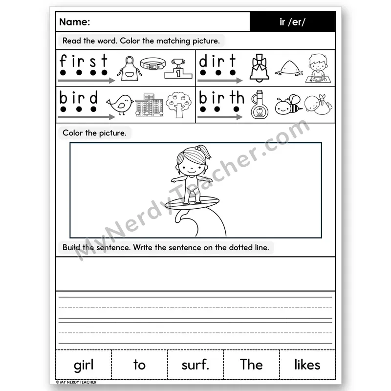 R-Controlled ir Decodable Sentences — Color, Build & Write