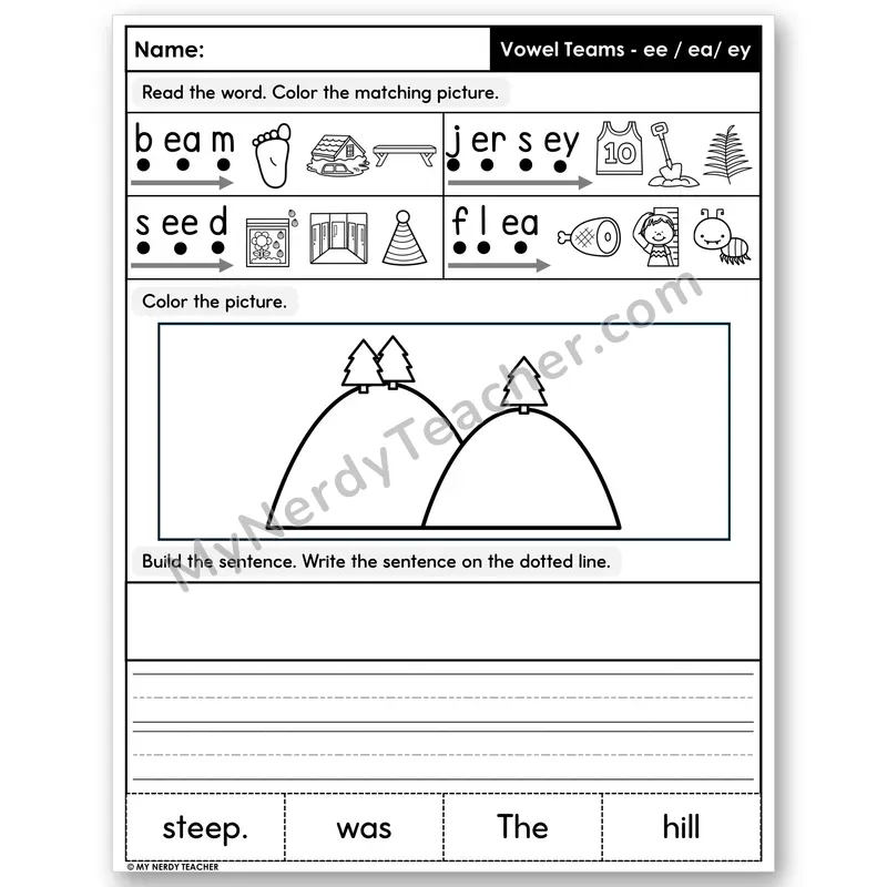 Vowel Teams ee, ea, ey (Long E) Decodable Sentences — Build & Write