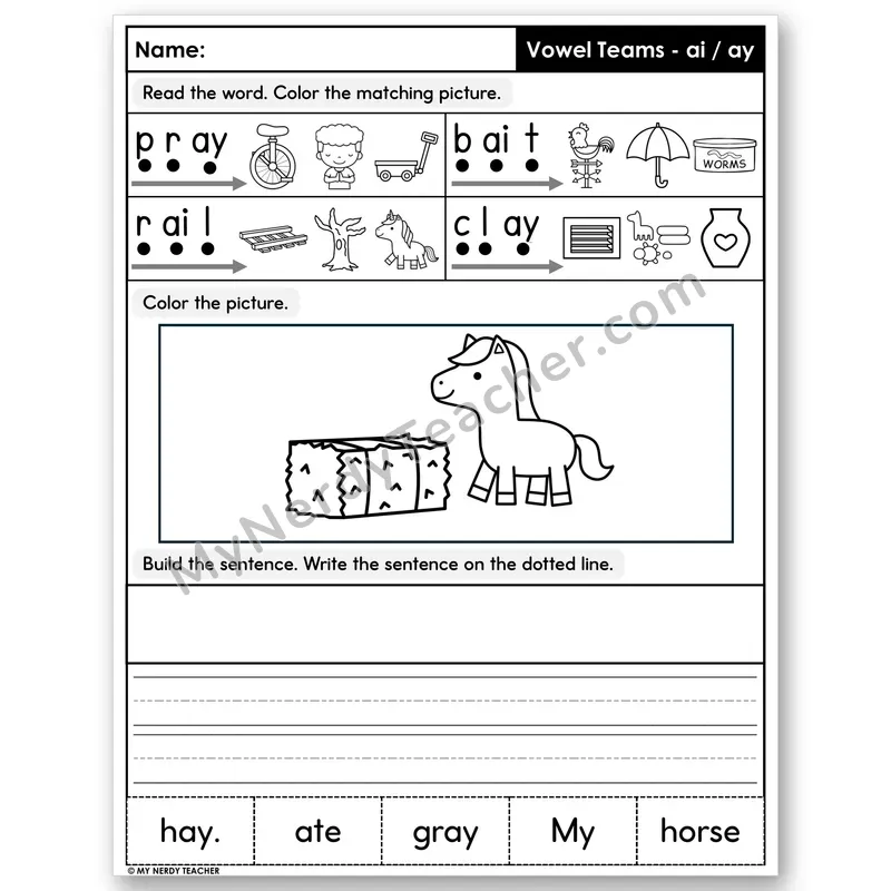 Vowel Teams ai, ay (Long A) Decodable Sentences — Build & Write