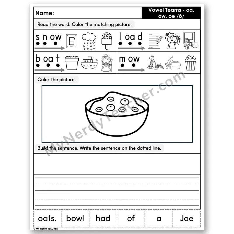 Vowel Teams oa, ow, oe (Long O) Decodable Sentences — Build & Write