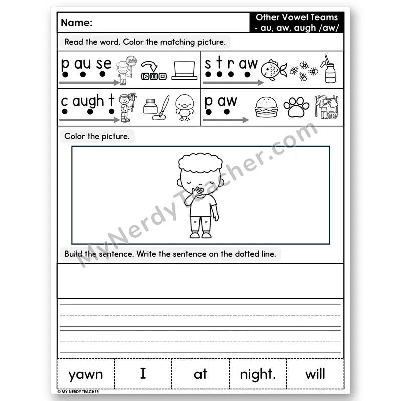 Vowel Teams au, aw, augh Decodable Sentences — Build & Write