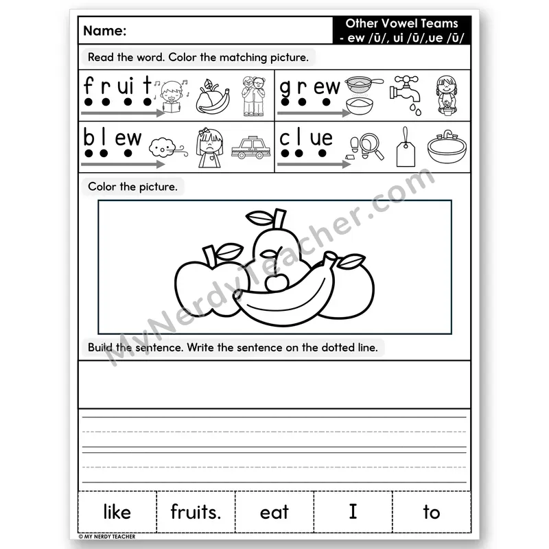 Vowel Teams ew, ui, ue (Long U) Decodable Sentences — Build & Write