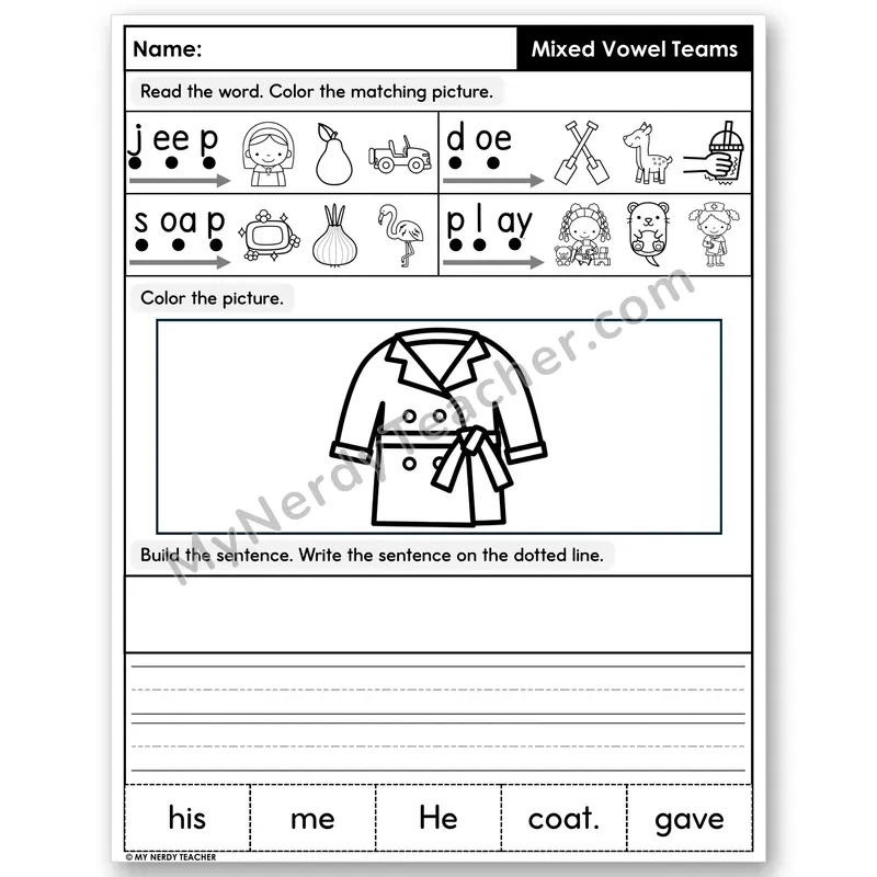 Long Vowel Teams Review Decodable Sentences — Build & Write