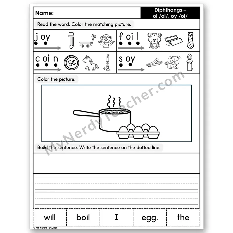 Diphthongs oi, oy Decodable Sentences — Color, Build & Write