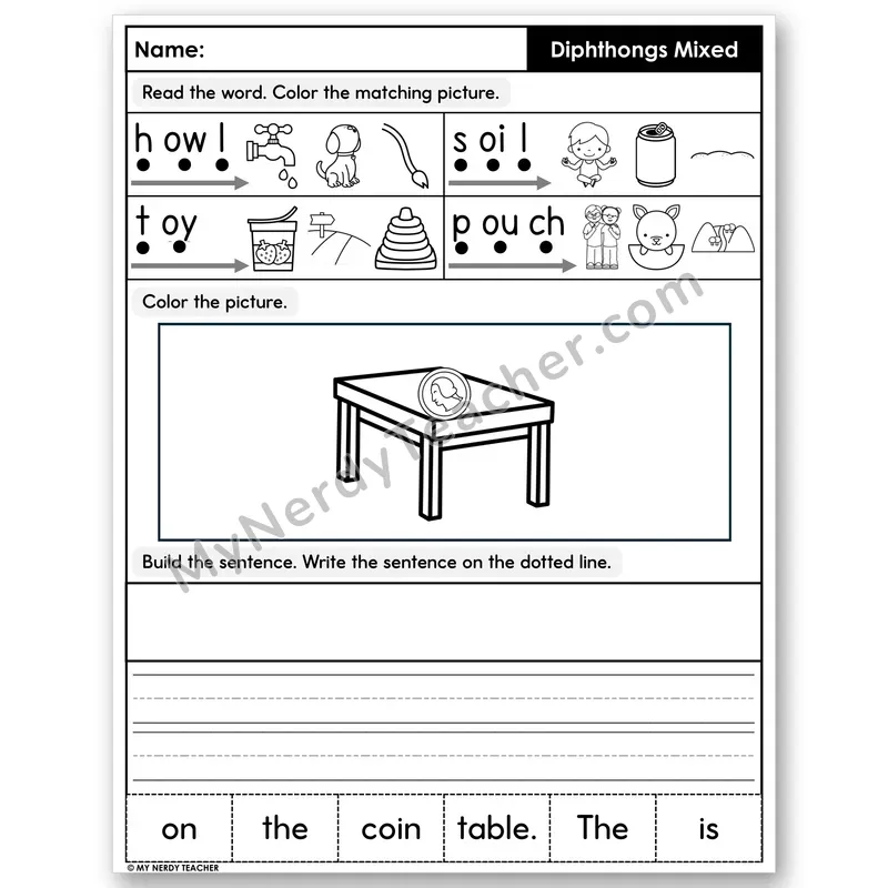 Diphthongs Review Decodable Sentences — Color, Build & Write