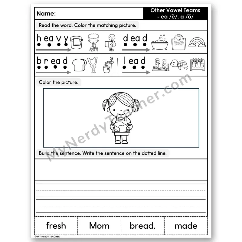 Vowel Teams ea (short e) & a (o) Decodable Sentences — Build & Write