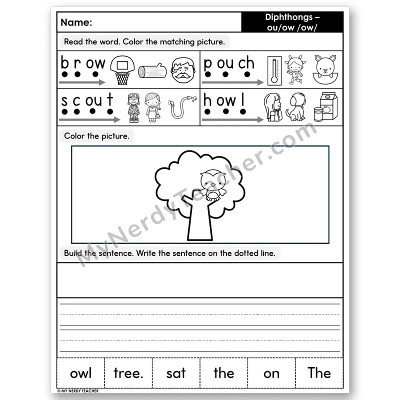 Diphthongs ou, ow Decodable Sentences — Color, Build & Write