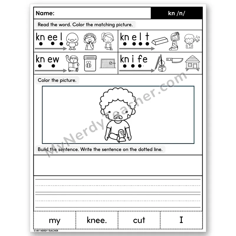Silent Letters kn (Silent K) Decodable Sentences — Build & Write