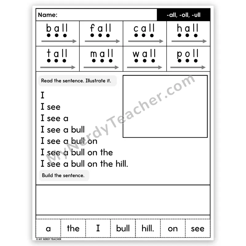 Glued Sounds -all, -oll, -ull Sentence Pyramid — Decodable Fluency Worksheet (Set 2)