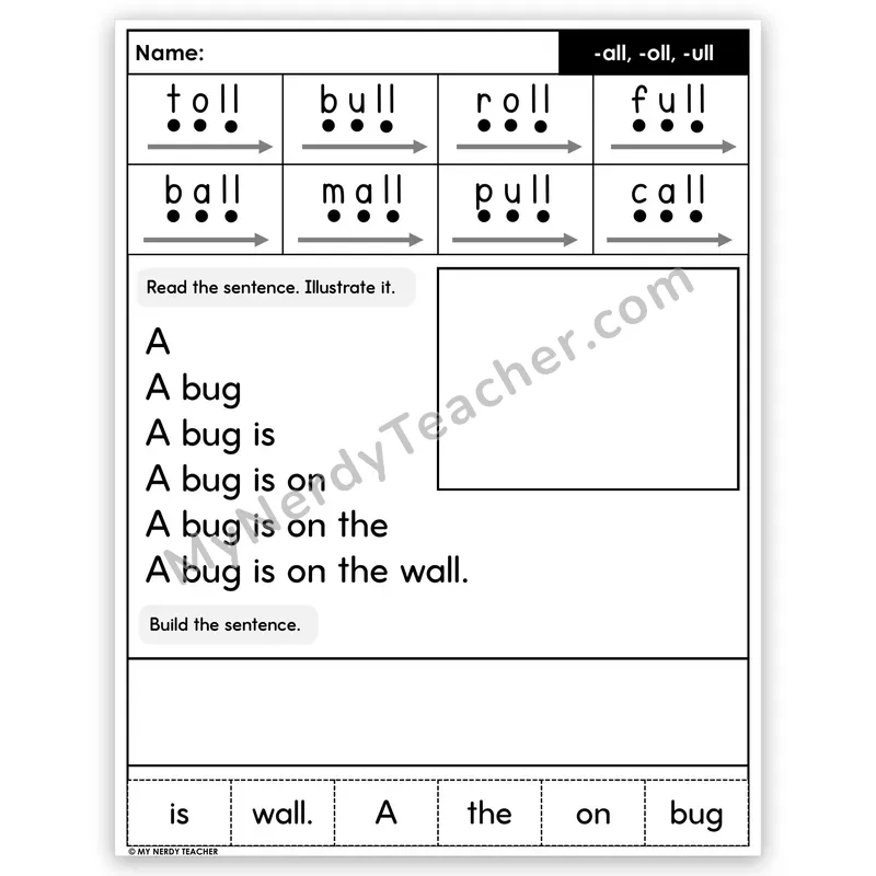 Glued Sounds -all, -oll, -ull Sentence Pyramid — Decodable Fluency Worksheet (Set 3)