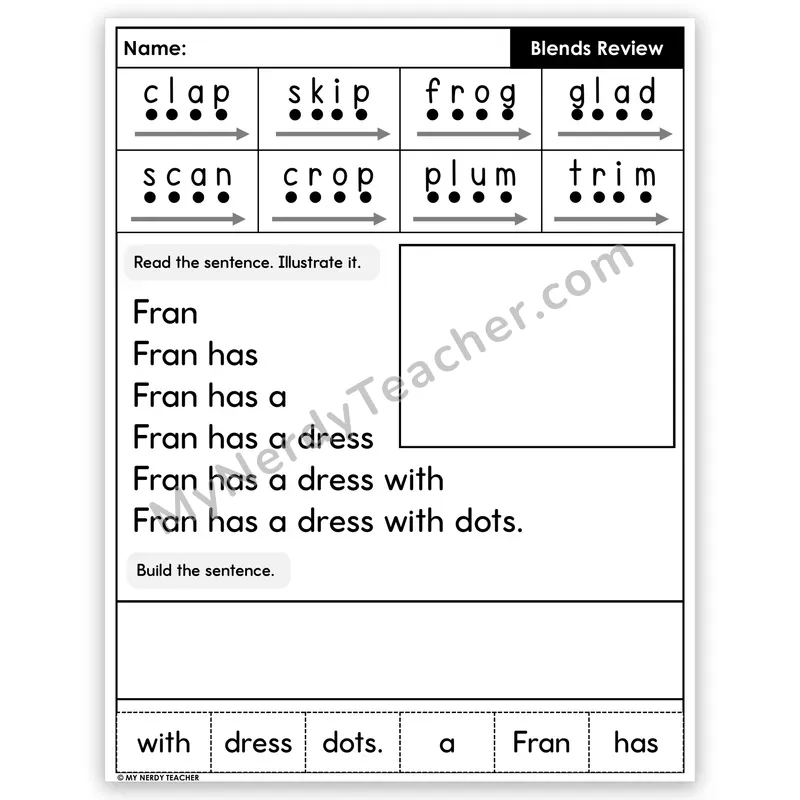 Consonant Blends Review Sentence Pyramid — Decodable Fluency Worksheet (Set 5)