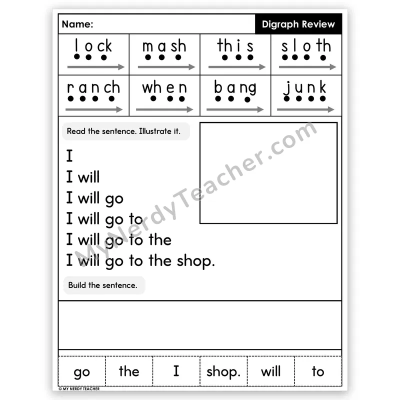 Digraphs Review Sentence Pyramid — Decodable Fluency Worksheet (Set 4)