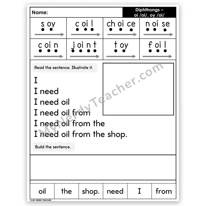 Diphthongs OI and OY Sentence Pyramid — Decodable Fluency Worksheet (Set 2)