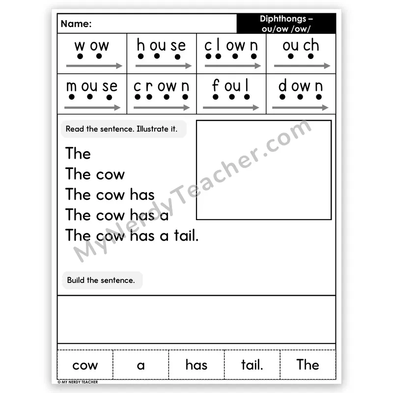 Diphthongs OU and OW Sentence Pyramid — Decodable Fluency Worksheet (Set 4)