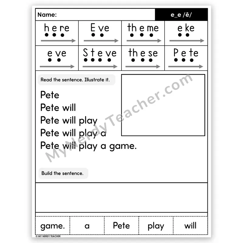 Silent E e_e (Long E) Sentence Pyramid — Decodable Fluency Worksheet (Set 5)
