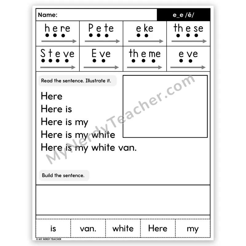 Silent E e_e (Long E) Sentence Pyramid — Decodable Fluency Worksheet (Set 4)