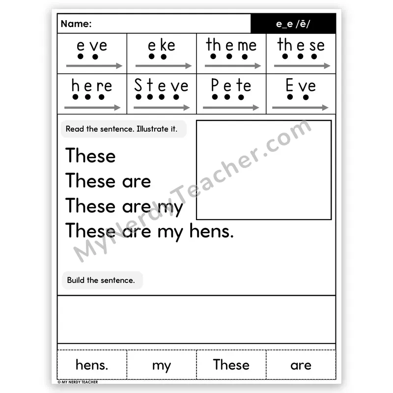 Silent E e_e (Long E) Sentence Pyramid — Decodable Fluency Worksheet (Set 1)
