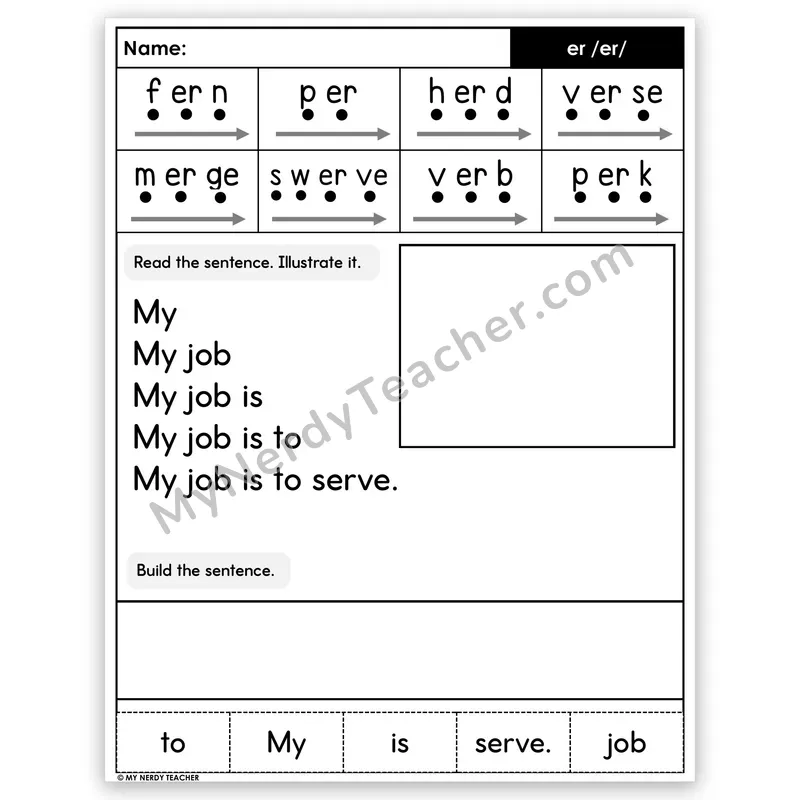 R-Controlled ER Sentence Pyramid — Decodable Fluency Worksheet (Set 2)