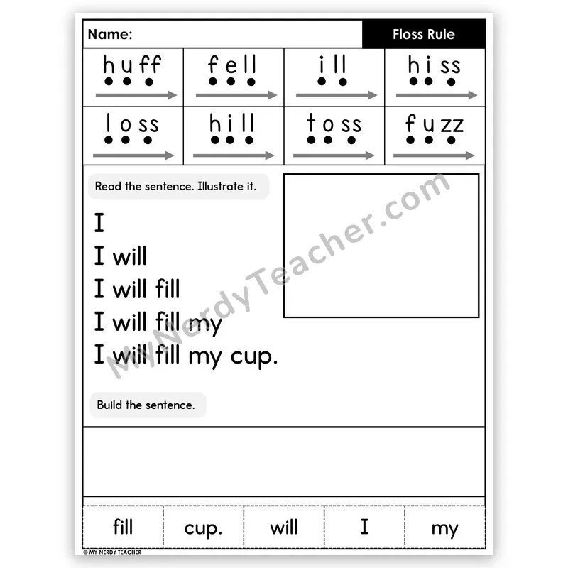 Floss Rule (ff, ll, ss, zz) Sentence Pyramid — Decodable Fluency Worksheet (Set 3)