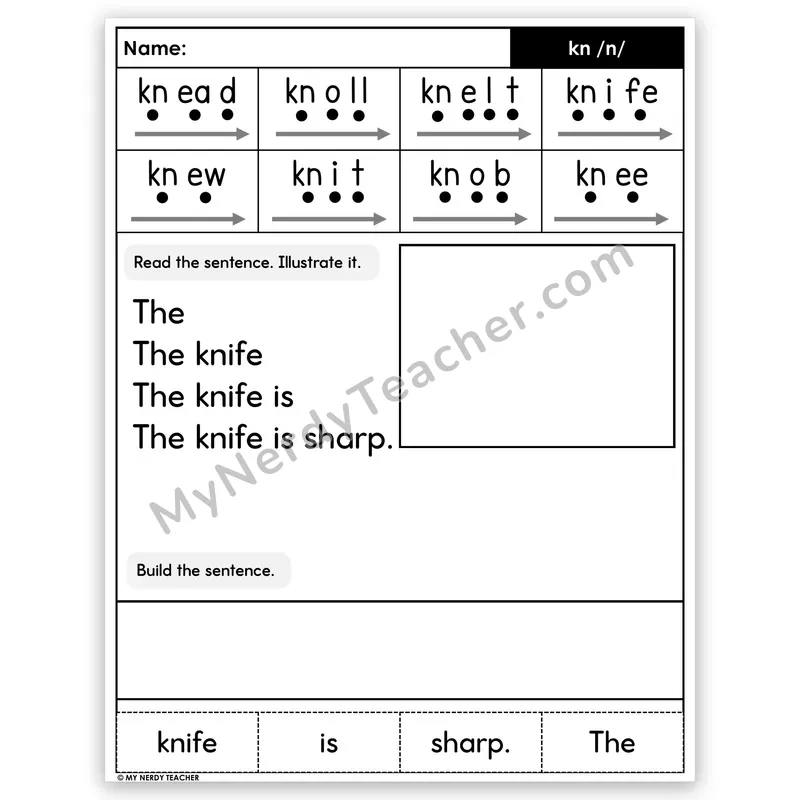 Silent Letters KN Sentence Pyramid — Decodable Fluency Worksheet (Set 5)
