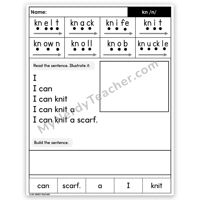 Silent Letters KN Sentence Pyramid — Decodable Fluency Worksheet (Set 1)