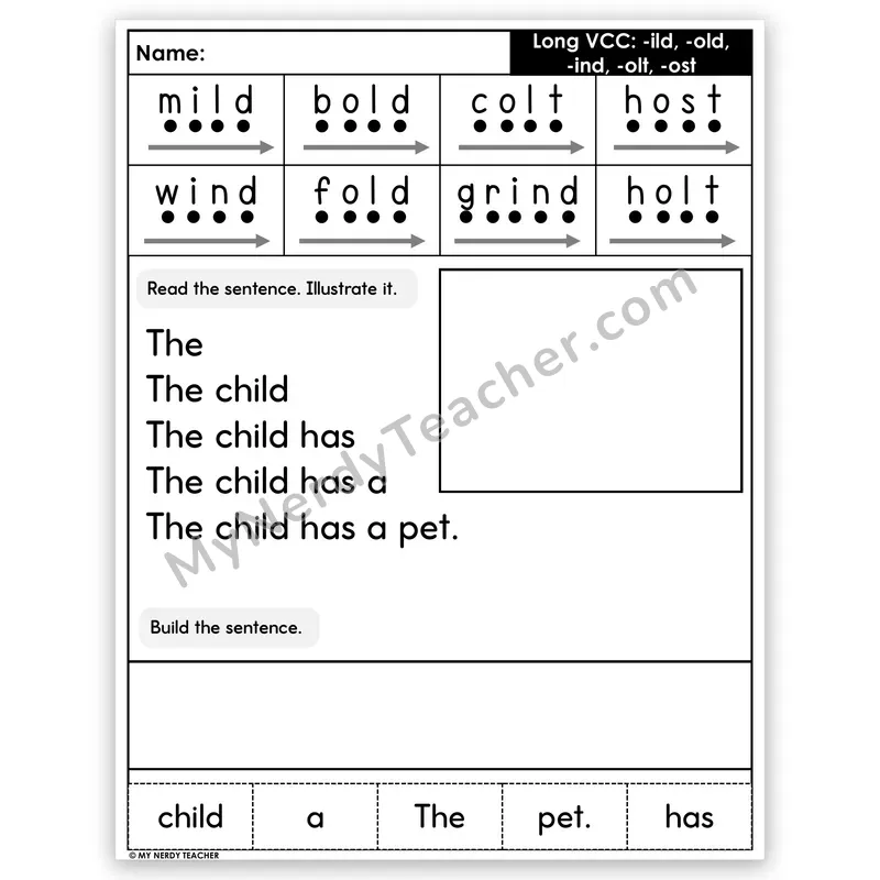 Long VCC (-ild, -old, -ind, -olt, -ost) Sentence Pyramid — Decodable Fluency Worksheet (Set 2)