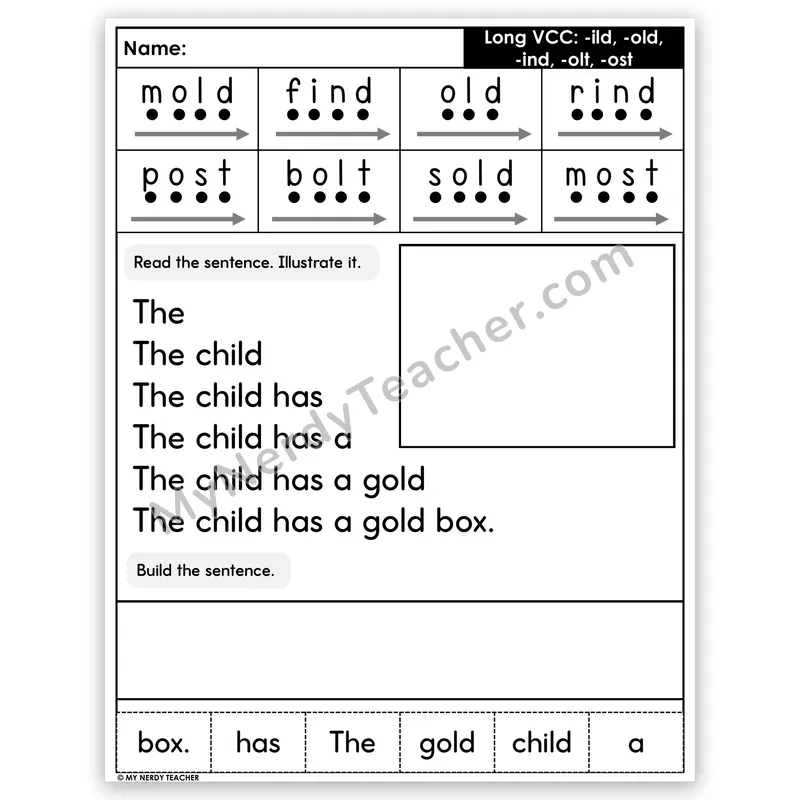 Long VCC (-ild, -old, -ind, -olt, -ost) Sentence Pyramid — Decodable Fluency Worksheet (Set 4)
