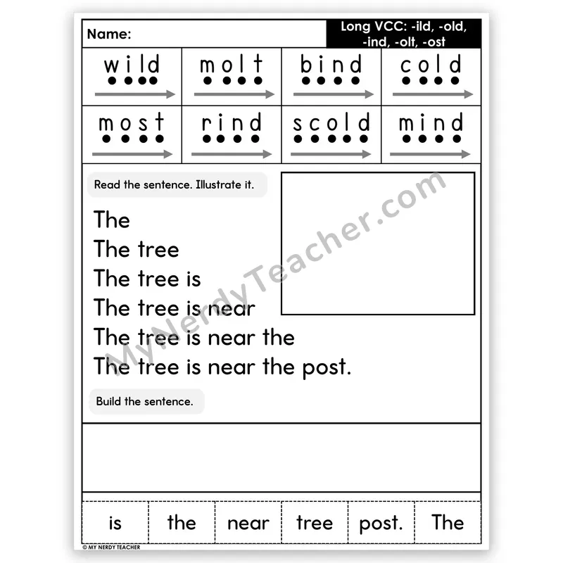 Long VCC (-ild, -old, -ind, -olt, -ost) Sentence Pyramid — Decodable Fluency Worksheet (Set 3)