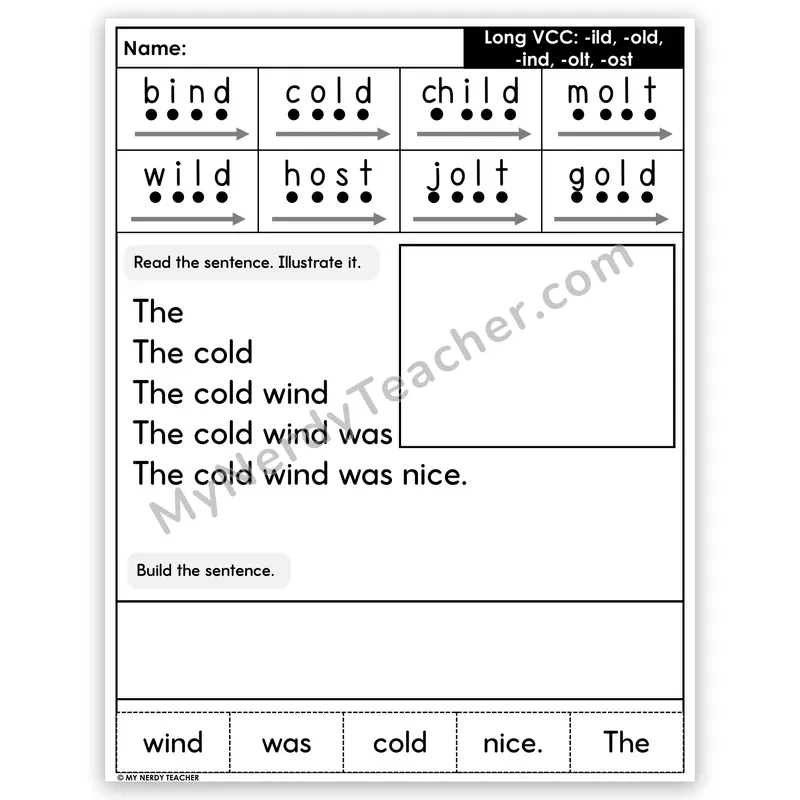 Long VCC (-ild, -old, -ind, -olt, -ost) Sentence Pyramid — Decodable Fluency Worksheet (Set 5)