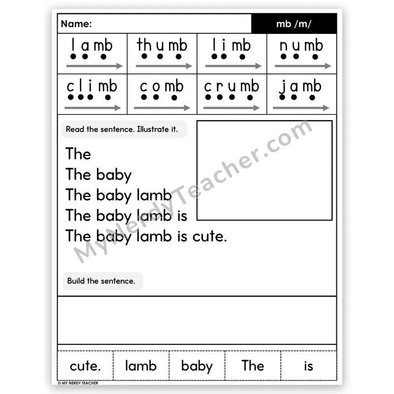 Silent Letters MB Sentence Pyramid — Decodable Fluency Worksheet (Set 2)
