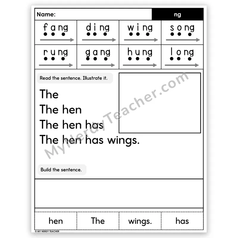 NG Digraph Sentence Pyramid — Decodable Fluency Worksheet (Set 1)