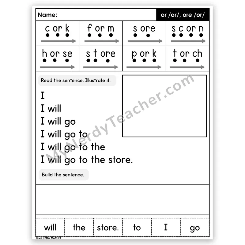 R-Controlled OR and ORE Sentence Pyramid — Decodable Fluency Worksheet (Set 2)