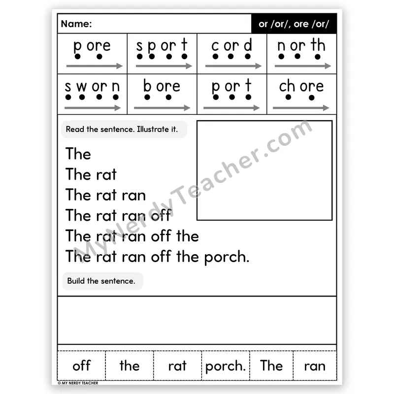 R-Controlled OR and ORE Sentence Pyramid — Decodable Fluency Worksheet (Set 3)