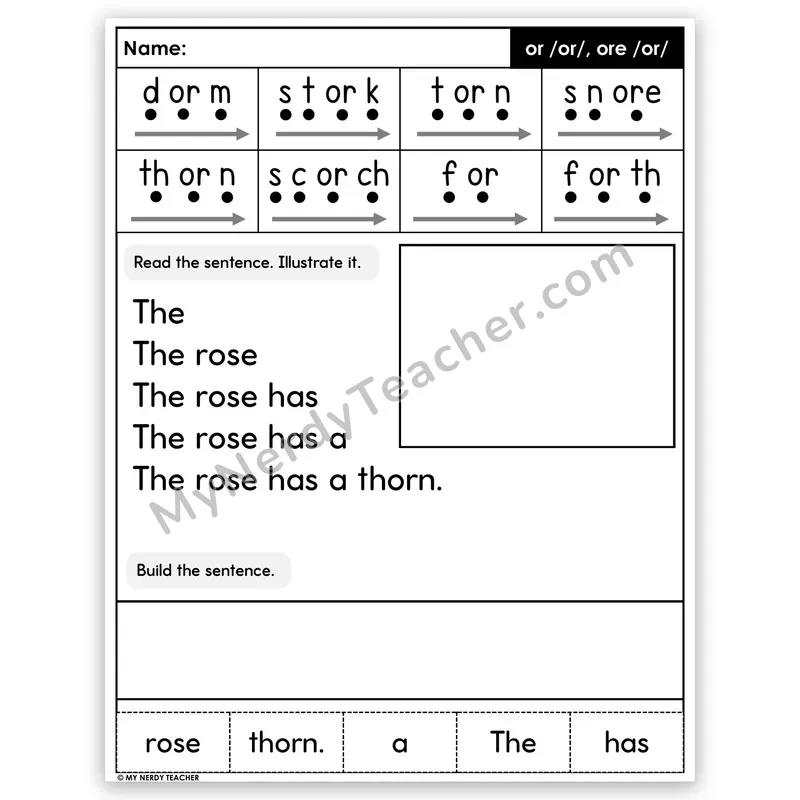 R-Controlled OR and ORE Sentence Pyramid — Decodable Fluency Worksheet (Set 5)