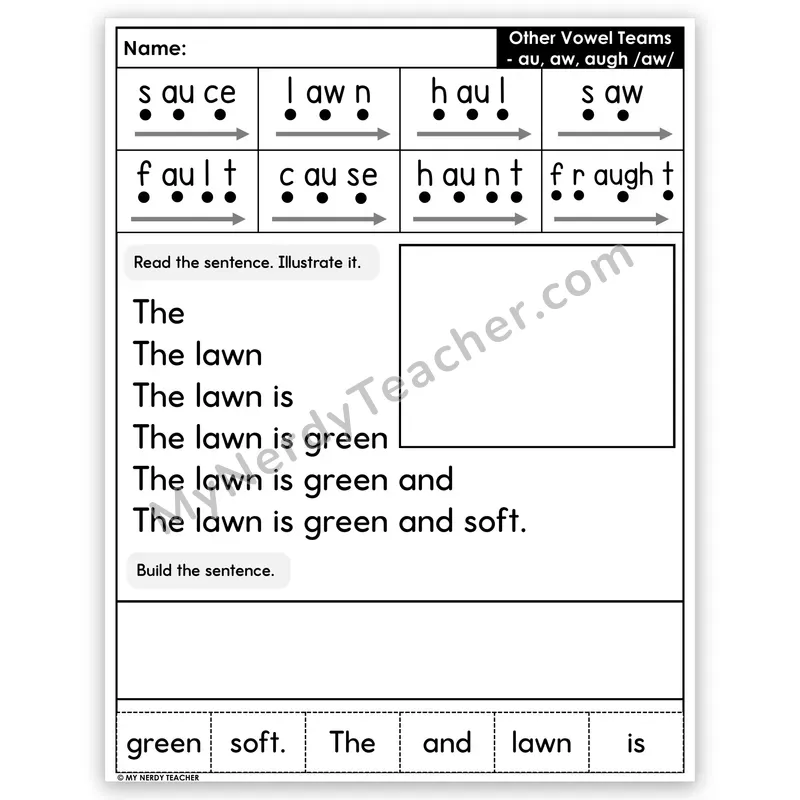 Vowel Teams AU, AW, AUGH Sentence Pyramid — Decodable Fluency Worksheet (Set 2)