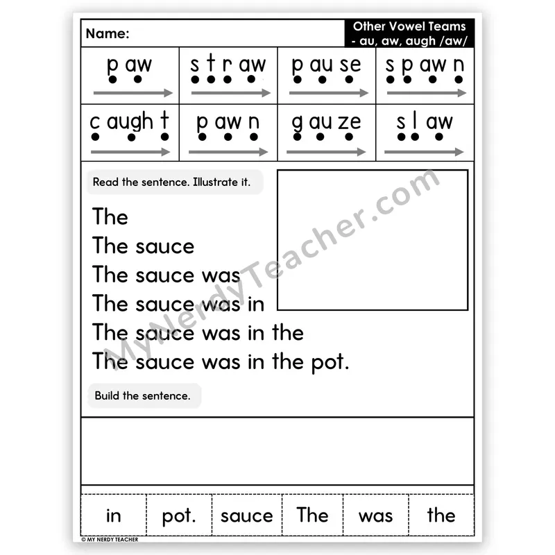 Vowel Teams AU, AW, AUGH Sentence Pyramid — Decodable Fluency Worksheet (Set 1)