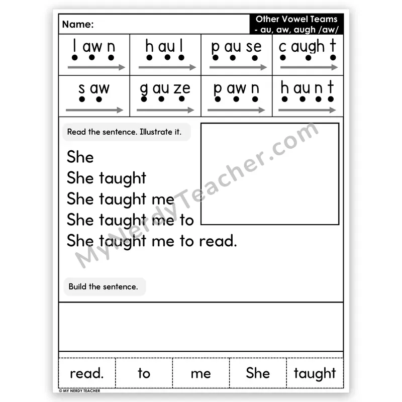 Vowel Teams AU, AW, AUGH Sentence Pyramid — Decodable Fluency Worksheet (Set 4)